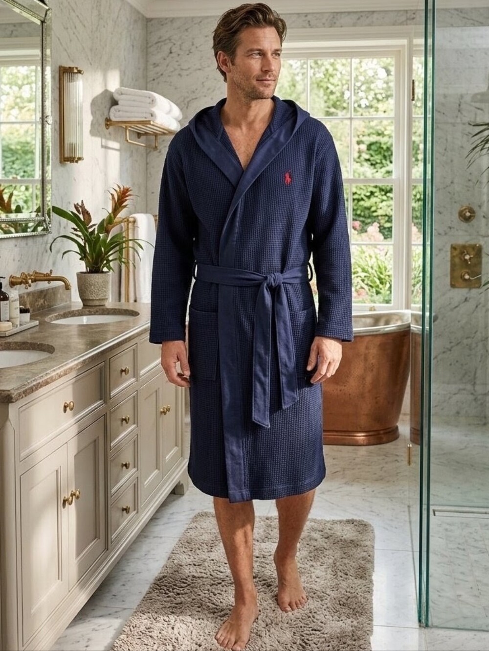 Polo by Ralph Lauren Navy Hooded Thermal Waffle-Knit Robe